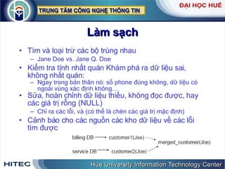 Làm sạch Tìm và loại trừ các bộ trùng nhau Jane Doe vs. Jane Q. Doe Kiểm tra tính nhất quán Khám phá ra dữ liệu sai, không nhất quán:  Ngay trong bản thân nó: số phone đúng không, dữ liệu có ngoài vùng xác định không…  Sửa, hoàn chỉnh dữ liệu thiếu, không đọc được, hay các giá trị rỗng (NULL) Chỉ ra các lỗi, và (có thể là chèn các giá trị mặc định) Cảnh báo cho các nguồn các kho dữ liệu về các lỗi tìm được 