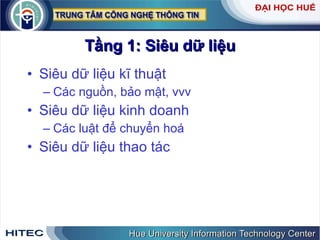Tầng 1: Siêu dữ liệu Siêu dữ liệu kĩ thuật Các nguồn, bảo mật, vvv Siêu dữ liệu kinh doanh Các luật để chuyển hoá Siêu dữ liệu thao tác 