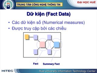 Dữ kiện (Fact Data) Các dữ kiện số (Numerical measures) Được truy cập bởi các chiều  Fact Summary Fact 