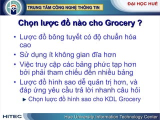 Chọn lược đồ nào cho Grocery ? Lược đồ bông tuyết có độ chuẩn hóa cao Sử dụng ít không gian đĩa hơn Việc truy cập các bảng phức tạp hơn bởi phải tham chiếu đến nhiều bảng Lược đồ hình sao dễ quản trị hơn, và đáp ứng yêu cầu trả lời nhanh câu hỏi Chọn luợc đồ hình sao cho KDL Grocery 