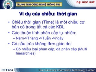 Ví dụ của chiều: thời gian Chiều thời gian (Time) là một chiều cơ bản có trong tất cả các KDL Các thuộc tính phân cấp tự nhiên: Năm->Tháng ->Tuần ->ngày Có cấu trúc không đơn giản do: Có nhiều loại phân cấp, đa phân cấp (Multi hierarchies) 