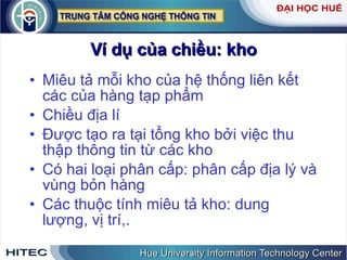 Ví dụ của chiều: kho Miêu tả mỗi kho của hệ thống liên kết các của hàng tạp phẩm Chiều địa lí Được tạo ra tại tổng kho bởi việc thu thập thông tin từ các kho  Có hai loại phân cấp: phân cấp địa lý và vùng bỏn hàng Các thuộc tính miêu tả kho: dung lượng, vị trí,. 