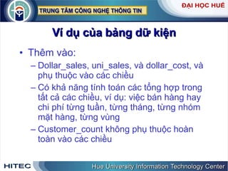 Ví dụ của bảng dữ kiện Thêm vào: Dollar_sales, uni_sales, và dollar_cost, và phụ thuộc vào các chiều Có khả năng tính toán các tổng hợp trong tất cả các chiều, ví dụ: việc bán hàng hay chi phí từng tuần, từng tháng, từng nhóm mặt hàng, từng vùng  Customer_count không phụ thuộc hoàn toàn vào các chiều 
