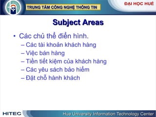 Subject Areas Các chủ thể điển hình.  Các tài khoản khách hàng Việc bán hàng Tiền tiết kiệm của khách hàng Các yêu sách bảo hiểm Đặt chỗ hành khách 