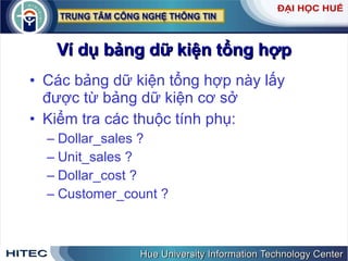 Ví dụ bảng dữ kiện tổng hợp Các bảng dữ kiện tổng hợp này lấy được từ bảng dữ kiện cơ sở Kiểm tra các thuộc tính phụ: Dollar_sales ? Unit_sales ? Dollar_cost ? Customer_count ? 