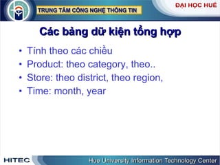 Các bảng dữ kiện tổng hợp Tính theo các chiều Product: theo category, theo.. Store: theo district, theo region,  Time: month, year 