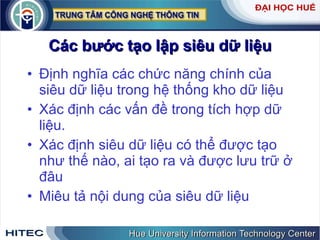 Các   bước   tạo   lập   siêu   dữ   liệu Định   nghĩa   các   chức   năng   chính   của   siêu   dữ   liệu   trong   hệ   thống   kho   dữ   liệu   Xác   định   các   vấn   đề   trong   tích   hợp   dữ   liệu . Xác   định   siêu   dữ   liệu   có   thể   được   tạo   như   thế   nào ,  ai   tạo   ra   và   được   lưu   trữ   ở   đâu   Miêu   tả   nội   dung   của   siêu   dữ   liệu 