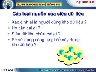 Các   loại   nguồn   của   siêu   dữ   liệu Xác   định   ai   là   người   dùng   kho   dữ   liệu  ? Họ   cần   cái   gì  ? Siêu   dữ   liệu   chứa   cái   gì  ? Sẽ   sử   dụng   công   cụ   gì   để   xây   dựng   kho   dữ   liệu  ? 
