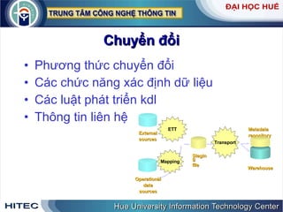 Chuyển   đổi Phương   thức   chuyển   đổi Các   chức   năng   xác   định   dữ   liệu Các   luật   phát   triển   kdl Thông   tin   liên   hệ External  sources Operational data sources Warehouse Metadata repository ETT Mapping Staging file Transport 