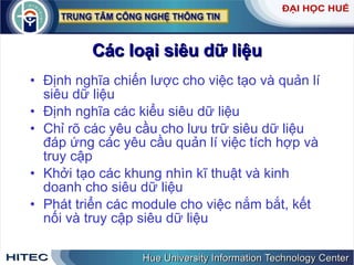 Các   loại   siêu   dữ   liệu Định   nghĩa   chiến   lược   cho   việc   tạo   và   quản   lí   siêu   dữ   liệu Định   nghĩa   các   kiểu   siêu   dữ   liệu   Chỉ   rõ   các   yêu   cầu   cho   lưu   trữ   siêu   dữ   liệu   đáp   ứng   các   yêu   cầu   quản   lí   việc   tích   hợp   và   truy   cập   Khởi   tạo   các   khung   nhìn   kĩ   thuật   và   kinh   doanh   cho   siêu   dữ   liệu   Phát   triển   các   module   cho   việc   nắm   bắt ,  kết   nối   và   truy   cập   siêu   dữ   liệu 