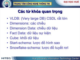 Các từ khóa quan trọng VLDB: (Very large DB) CSDL rất lớn Dimensions: các chiều  Dimension Data: chiều dữ liệu  Fact Data: dữ liệu sự kiện Cube: khối dữ liệu  Start-schema: lược đồ hình sao Snowflake-schema: lược đồ tuyết rơI 