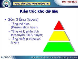 Kiến trúc kho dữ liệu Gồm 3 tầng (layers) Tầng thể hiện (Presentation layer) Tầng xử lý phân tích trực tuyến (OLAP layer) Tầng chiết (Extraction layer) 
