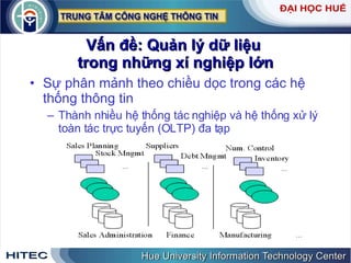 Vấn đề: Quản lý dữ liệu  trong những xí nghiệp lớn Sự phân mảnh theo chiều dọc trong các hệ thống thông tin  Thành nhiều hệ thống tác nghiệp và hệ thống xử lý toàn tác trực tuyến (OLTP) đa tạp 
