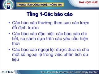 Tầng 1-Các báo cáo Các báo cáo thường theo sau các lược đồ định trước Các báo cáo đặc biệt: các báo cáo chi tiết, so sánh dựa trên các yêu cầu hiện thời Các báo cáo ngoại lệ: được đưa ra cho một số ngoại lệ trong việc phân tích dữ liệu 