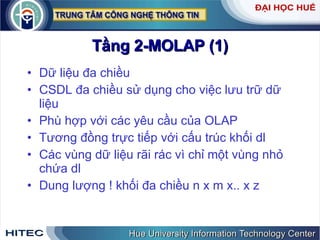 Tầng 2-MOLAP (1) Dữ liệu đa chiều CSDL đa chiều sử dụng cho việc lưu trữ dữ liệu Phù hợp với các yêu cầu của OLAP Tương đồng trực tiếp với cấu trúc khối dl Các vùng dữ liệu rãi rác vì chỉ một vùng nhỏ chứa dl Dung lượng ! khối đa chiều n x m x.. x z 
