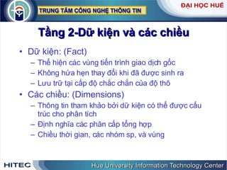 Tầng 2-Dữ kiện và các chiều Dữ kiện: (Fact) Thể hiện các vùng tiến trình giao dịch gốc Không hứa hẹn thay đổi khi đã được sinh ra Lưu trữ tại cấp độ chắc chắn của độ thô Các chiều: (Dimensions) Thông tin tham khảo bởi dữ kiện có thể được cấu trúc cho phân tích Định nghĩa các phân cấp tổng hợp Chiều thời gian, các nhóm sp, và vùng 