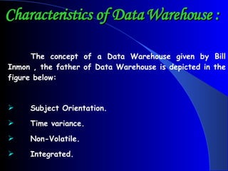 Characteristics of Data Warehouse : The concept of a Data Warehouse given by Bill Inmon , the father of Data Warehouse is depicted in the figure below: Subject Orientation. Time variance. Non-Volatile. Integrated. 