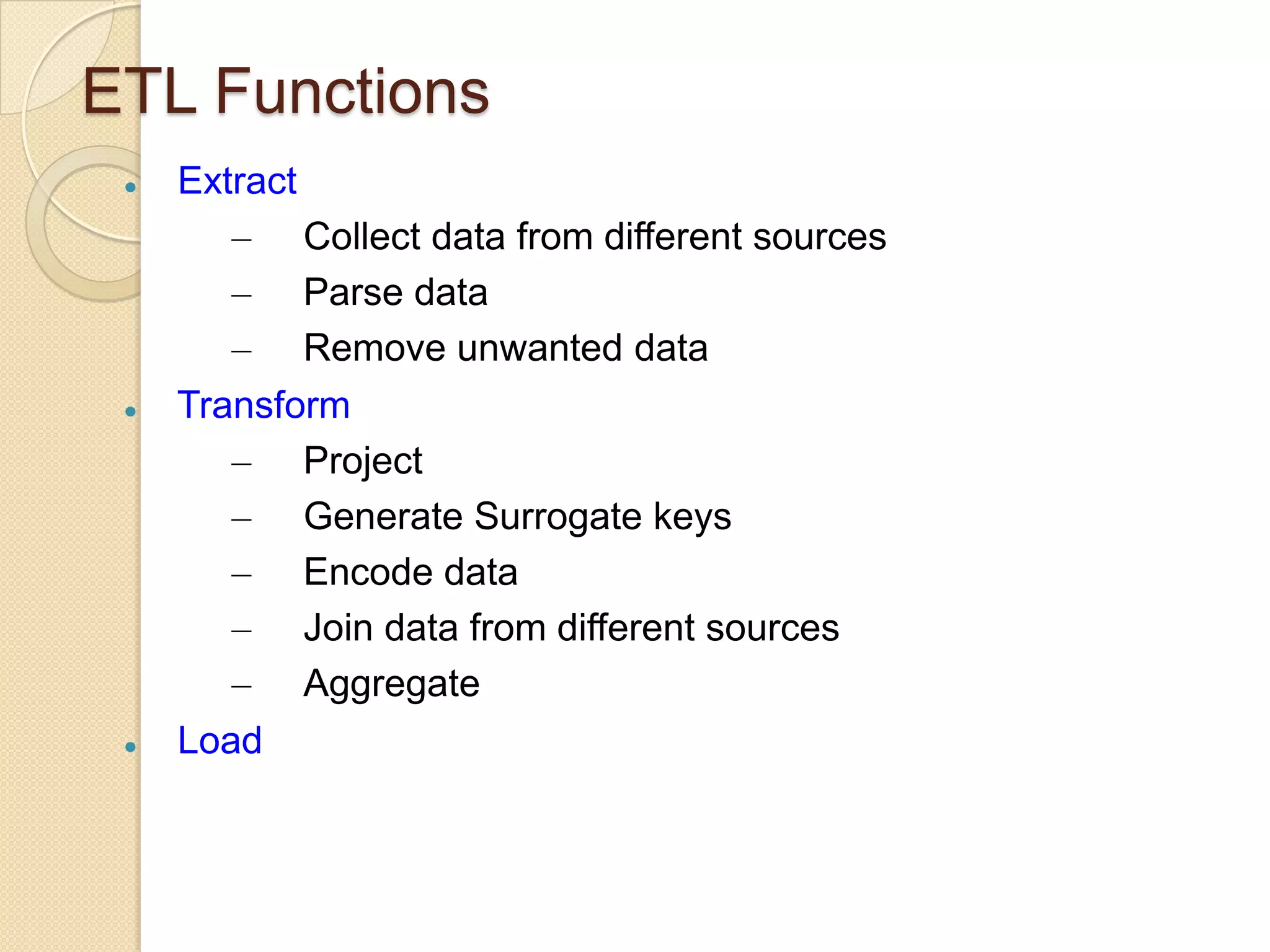 ETL Functions






Extract
– Collect data from different sources
– Parse data
– Remove unwanted data
Transform
– Project
– Generate Surrogate keys
– Encode data
– Join data from different sources
– Aggregate
Load

 
