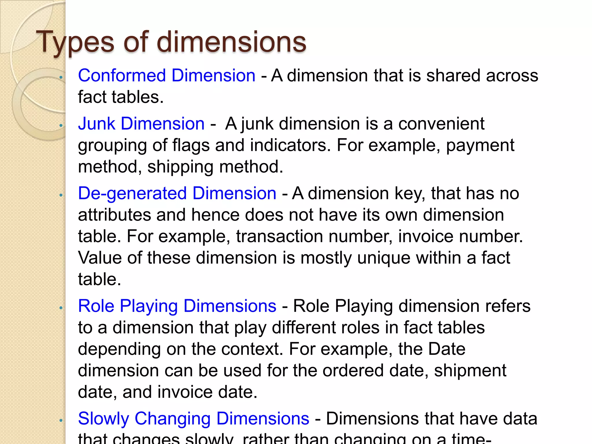 Types of dimensions
•

•

•

•

•

Conformed Dimension - A dimension that is shared across
fact tables.
Junk Dimension - A junk dimension is a convenient
grouping of flags and indicators. For example, payment
method, shipping method.
De-generated Dimension - A dimension key, that has no
attributes and hence does not have its own dimension
table. For example, transaction number, invoice number.
Value of these dimension is mostly unique within a fact
table.
Role Playing Dimensions - Role Playing dimension refers
to a dimension that play different roles in fact tables
depending on the context. For example, the Date
dimension can be used for the ordered date, shipment
date, and invoice date.
Slowly Changing Dimensions - Dimensions that have data

 