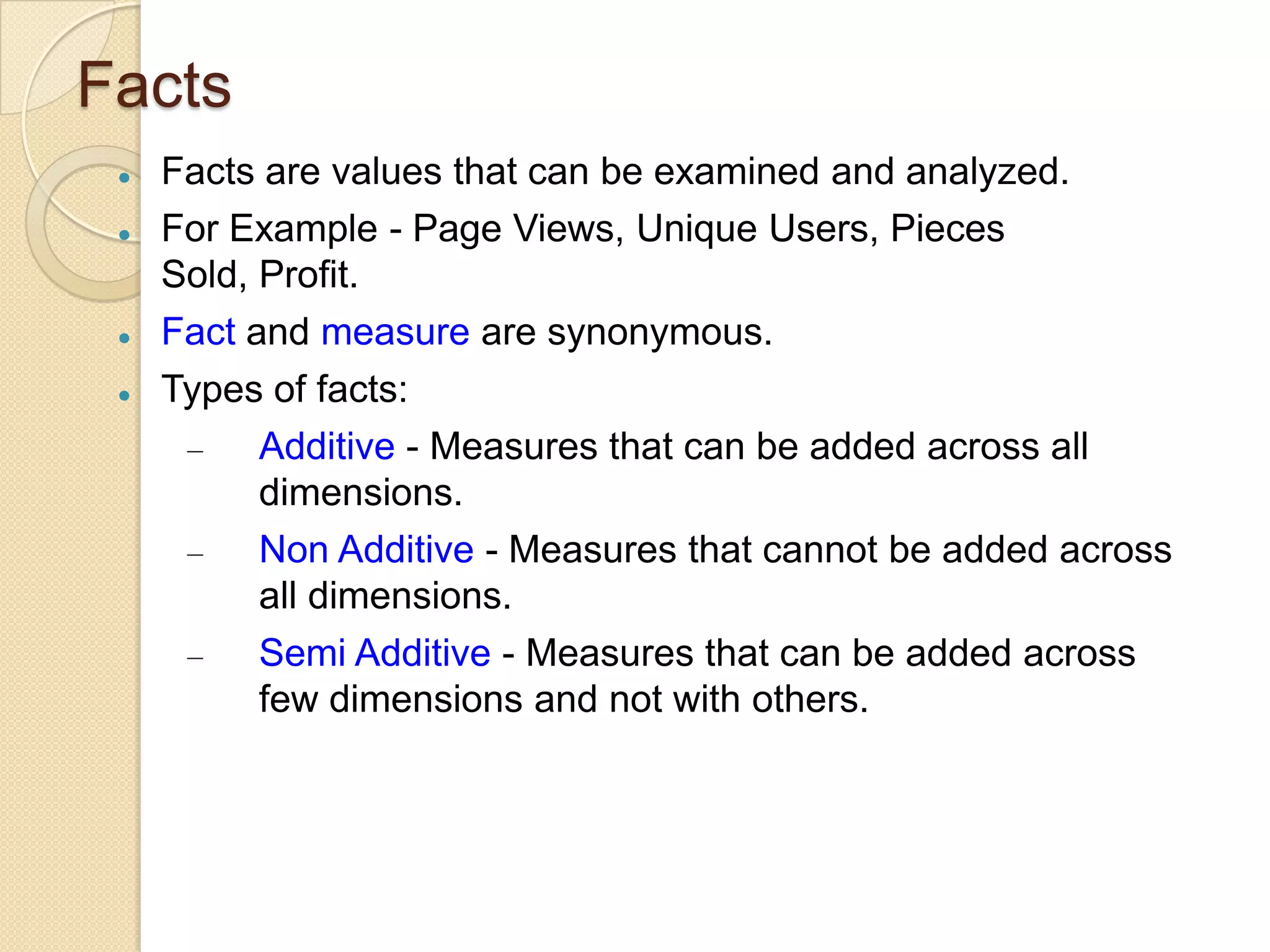 Facts







Facts are values that can be examined and analyzed.
For Example - Page Views, Unique Users, Pieces
Sold, Profit.
Fact and measure are synonymous.
Types of facts:
–
Additive - Measures that can be added across all
dimensions.
–
Non Additive - Measures that cannot be added across
all dimensions.
–
Semi Additive - Measures that can be added across
few dimensions and not with others.

 