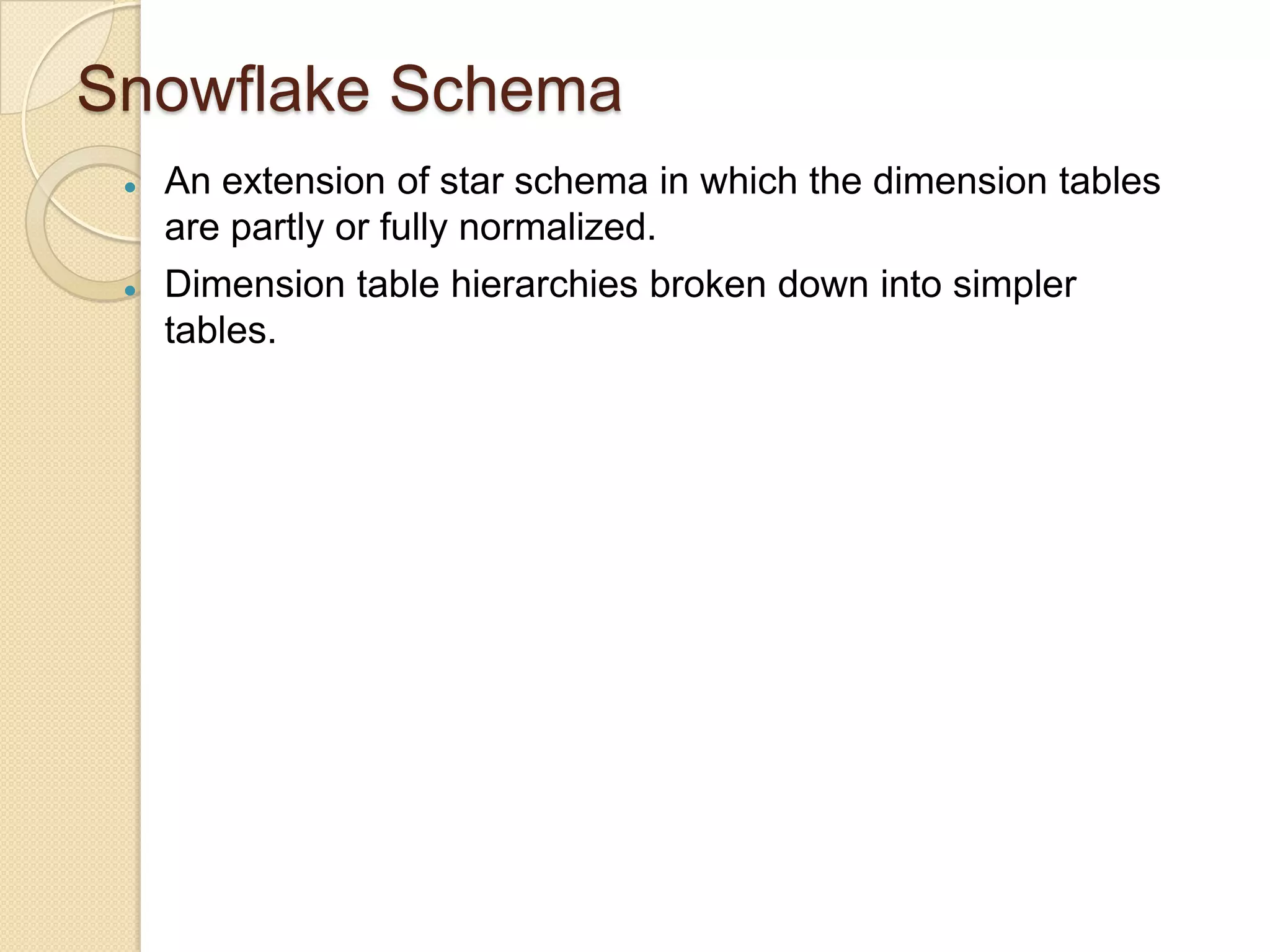 Snowflake Schema




An extension of star schema in which the dimension tables
are partly or fully normalized.
Dimension table hierarchies broken down into simpler
tables.

 