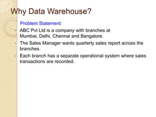Why Data Warehouse?
Problem Statement:
• ABC Pvt Ltd is a company with branches at Mumbai, Delhi,
Chennai and Bangalore.
• The Sales Manager wants quarterly sales report across the
branches.
• Each branch has a separate operational system where sales
transactions are recorded.

 