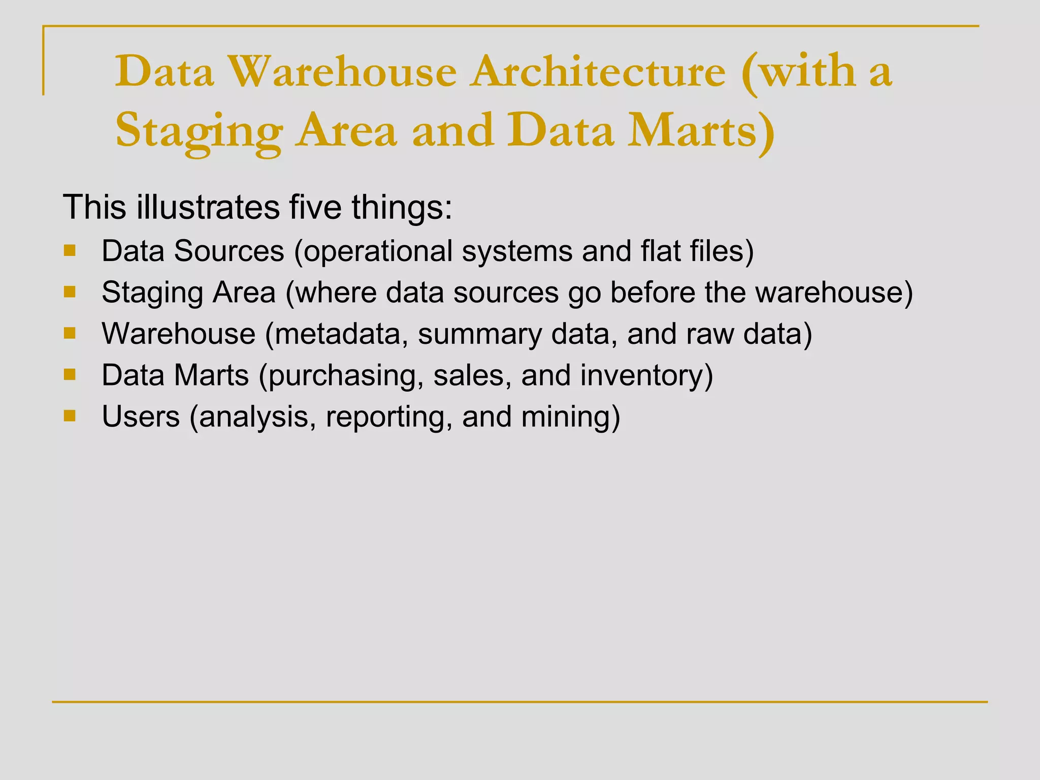 This illustrates five things: Data Sources (operational systems and flat files)  Staging Area (where data sources go before the warehouse)  Warehouse (metadata, summary data, and raw data)  Data Marts (purchasing, sales, and inventory)  Users (analysis, reporting, and mining) Data Warehouse Architecture  (with a Staging Area and Data Marts) 