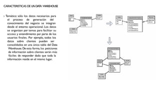 CARACTERISTICAS DE UNDA
T
A WAREHOUSE
› Temático: sólo los datos necesarios para
el proceso de generación del
conocimiento del negocio se integran
desde el entorno operacional. Los datos
se organizan por temas para facilitar su
acceso y entendimiento por parte de los
usuarios finales. Por ejemplo, todos los
datos sobre clientes pueden ser
consolidados en una única tabla del Data
Warehouse. De esta forma, las peticiones
de información sobre clientes serán más
fáciles de responder dado que toda la
información reside en el mismo lugar.
 
