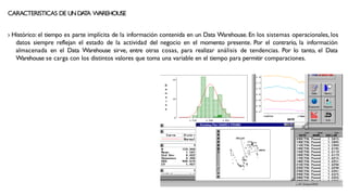 CARACTERISTICAS DE UNDA
T
A WAREHOUSE
› Histórico: el tiempo es parte implícita de la información contenida en un Data Warehouse. En los sistemas operacionales, los
datos siempre reflejan el estado de la actividad del negocio en el momento presente. Por el contrario, la información
almacenada en el Data Warehouse sirve, entre otras cosas, para realizar análisis de tendencias. Por lo tanto, el Data
Warehouse se carga con los distintos valores que toma una variable en el tiempo para permitir comparaciones.
 