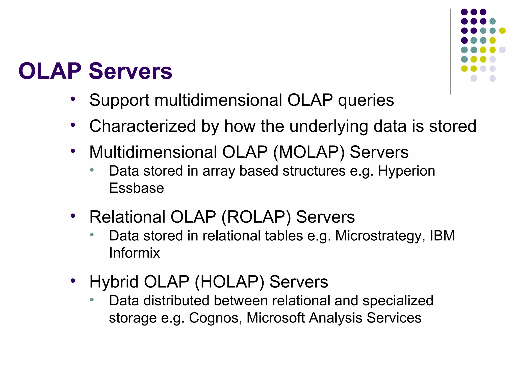 OLAP Servers Support multidimensional OLAP queries Characterized by how the underlying data is stored Multidimensional OLAP (MOLAP) Servers Data stored in array based structures e.g. Hyperion Essbase Relational OLAP (ROLAP) Servers Data stored in relational tables e.g. Microstrategy, IBM Informix Hybrid OLAP (HOLAP) Servers Data distributed between relational and specialized storage e.g. Cognos, Microsoft Analysis Services 