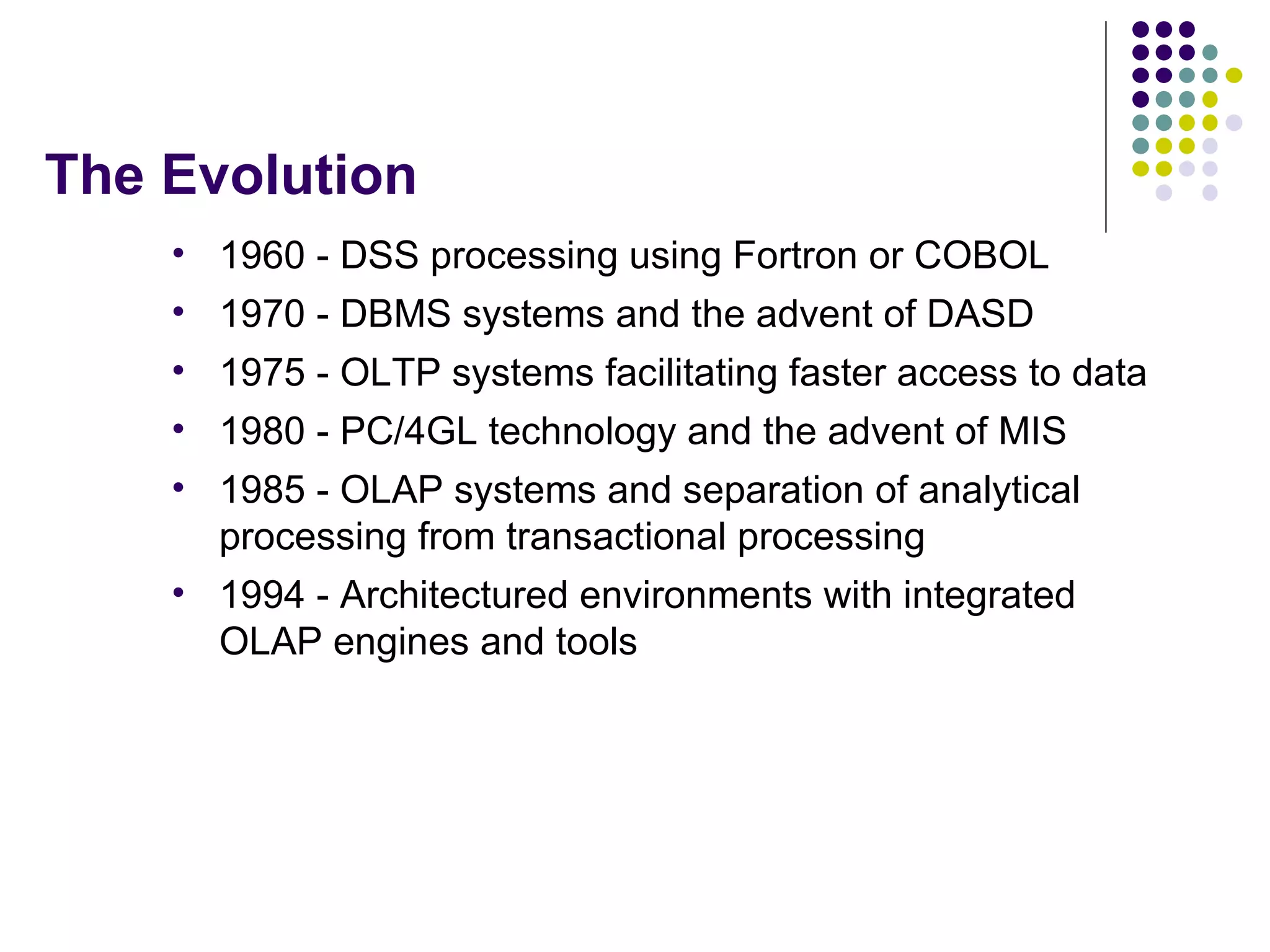 The Evolution 1960 - DSS processing using Fortron or COBOL 1970 - DBMS systems and the advent of DASD 1975 - OLTP systems facilitating faster access to data 1980 - PC/4GL technology and the advent of MIS 1985 - OLAP systems and separation of analytical processing from transactional processing 1994 - Architectured environments with integrated OLAP engines and tools 