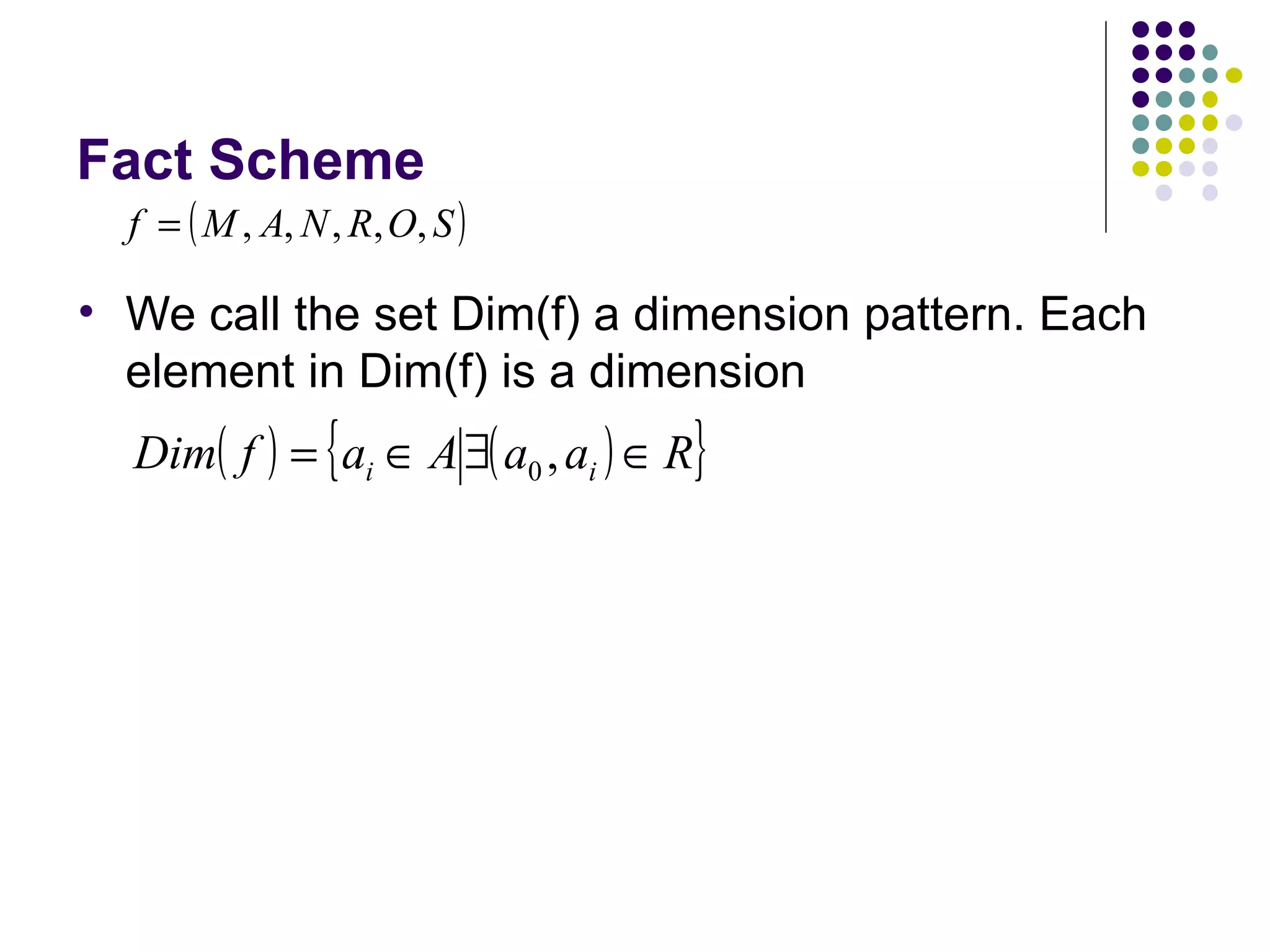 Fact Scheme We call the set Dim(f) a dimension pattern. Each element in Dim(f) is a dimension 