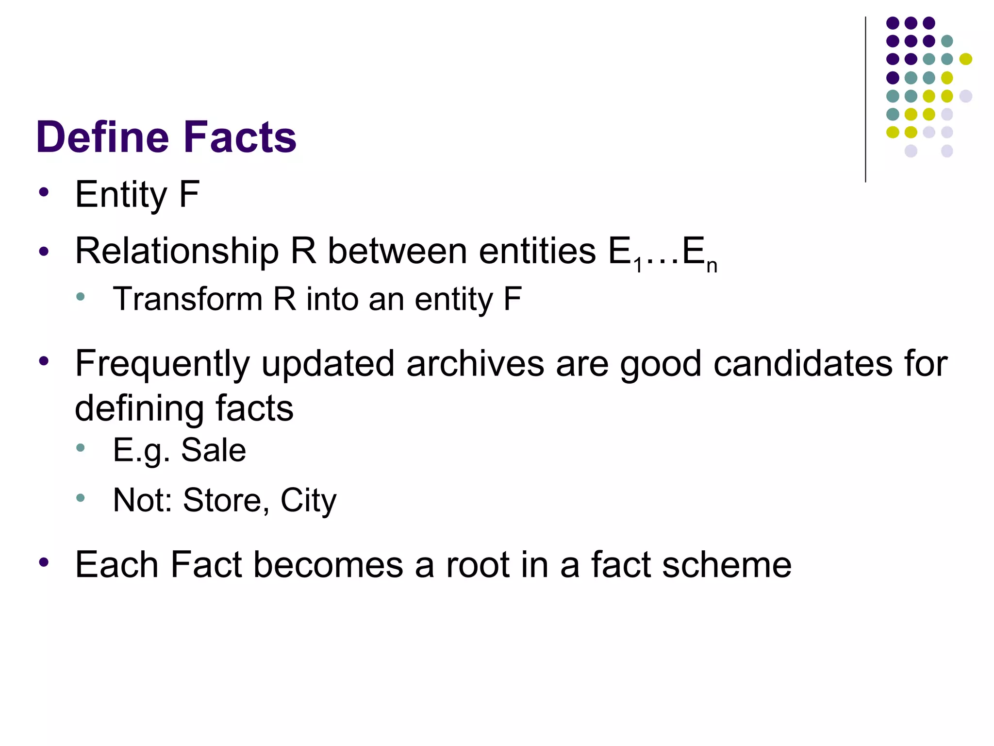 Define Facts Entity F Relationship R between entities E 1 …E n Transform R into an entity F Frequently updated archives are good candidates for defining facts E.g. Sale Not: Store, City Each Fact becomes a root in a fact scheme 