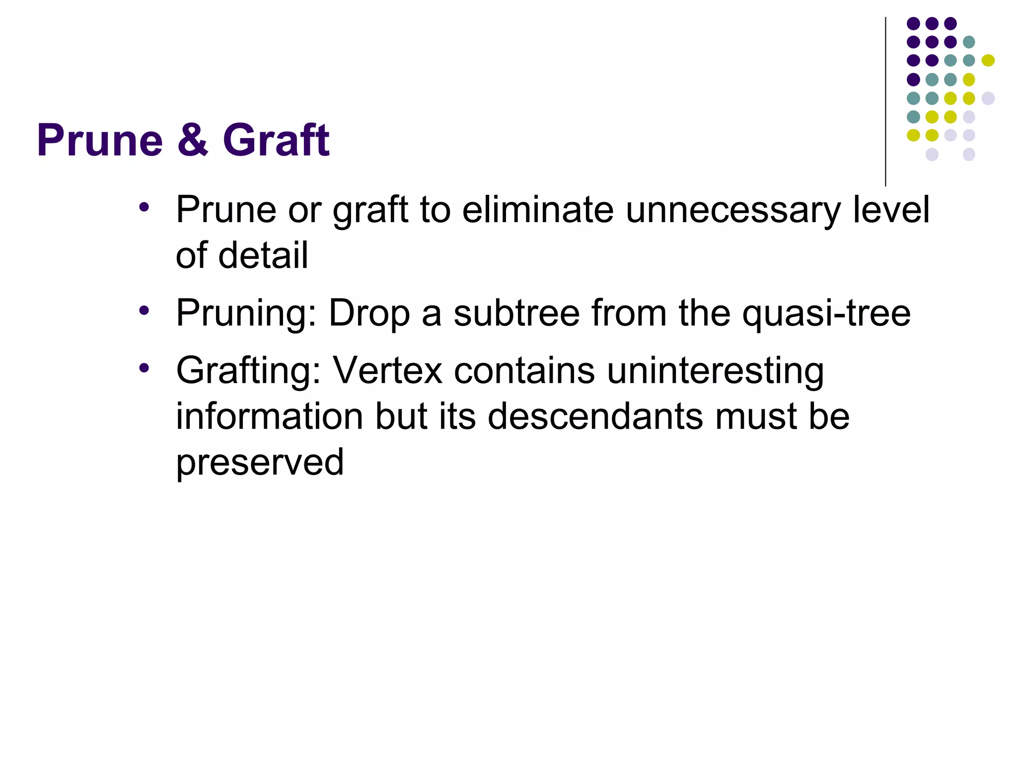 Prune & Graft Prune or graft to eliminate unnecessary level of detail Pruning: Drop a subtree from the quasi-tree Grafting: Vertex contains uninteresting information but its descendants must be preserved 