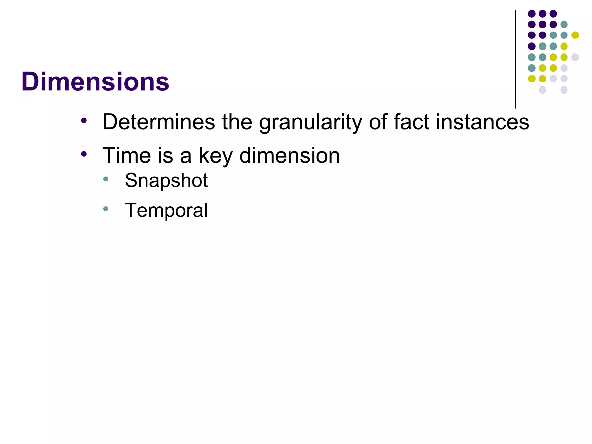 Dimensions Determines the granularity of fact instances Time is a key dimension Snapshot Temporal 