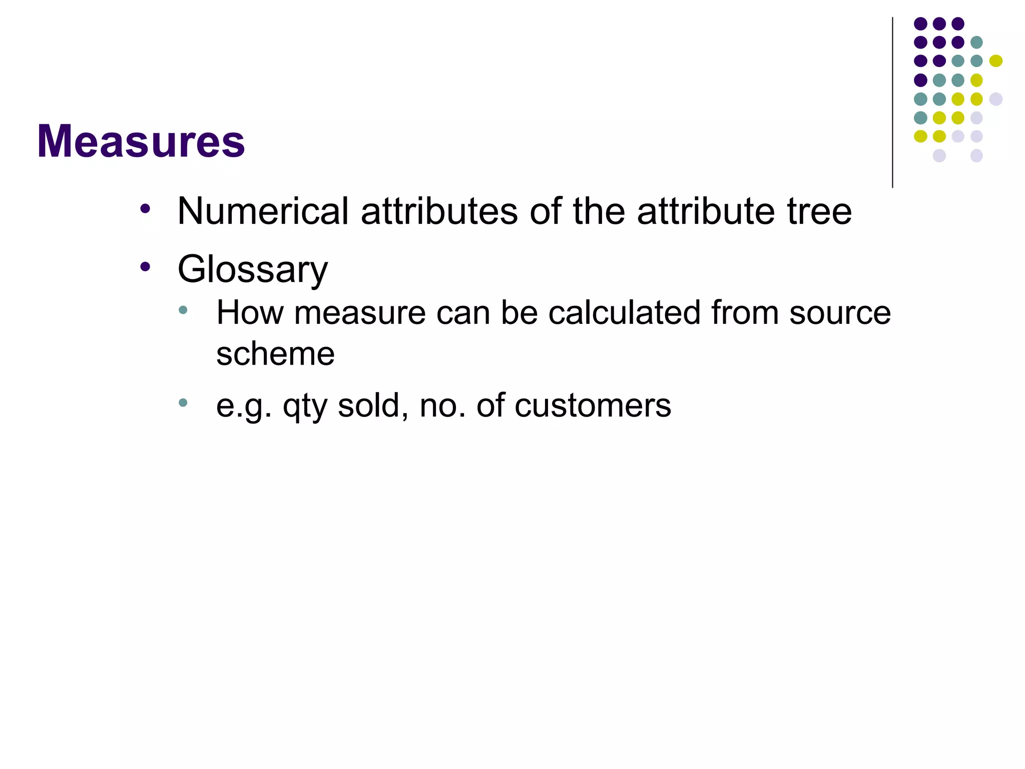 Measures Numerical attributes of the attribute tree Glossary How measure can be calculated from source scheme e.g. qty sold, no. of customers 