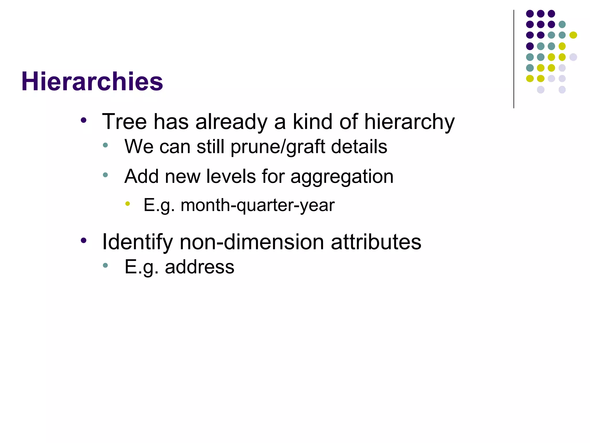 Hierarchies Tree has already a kind of hierarchy We can still prune/graft details Add new levels for aggregation E.g. month-quarter-year Identify non-dimension attributes E.g. address 