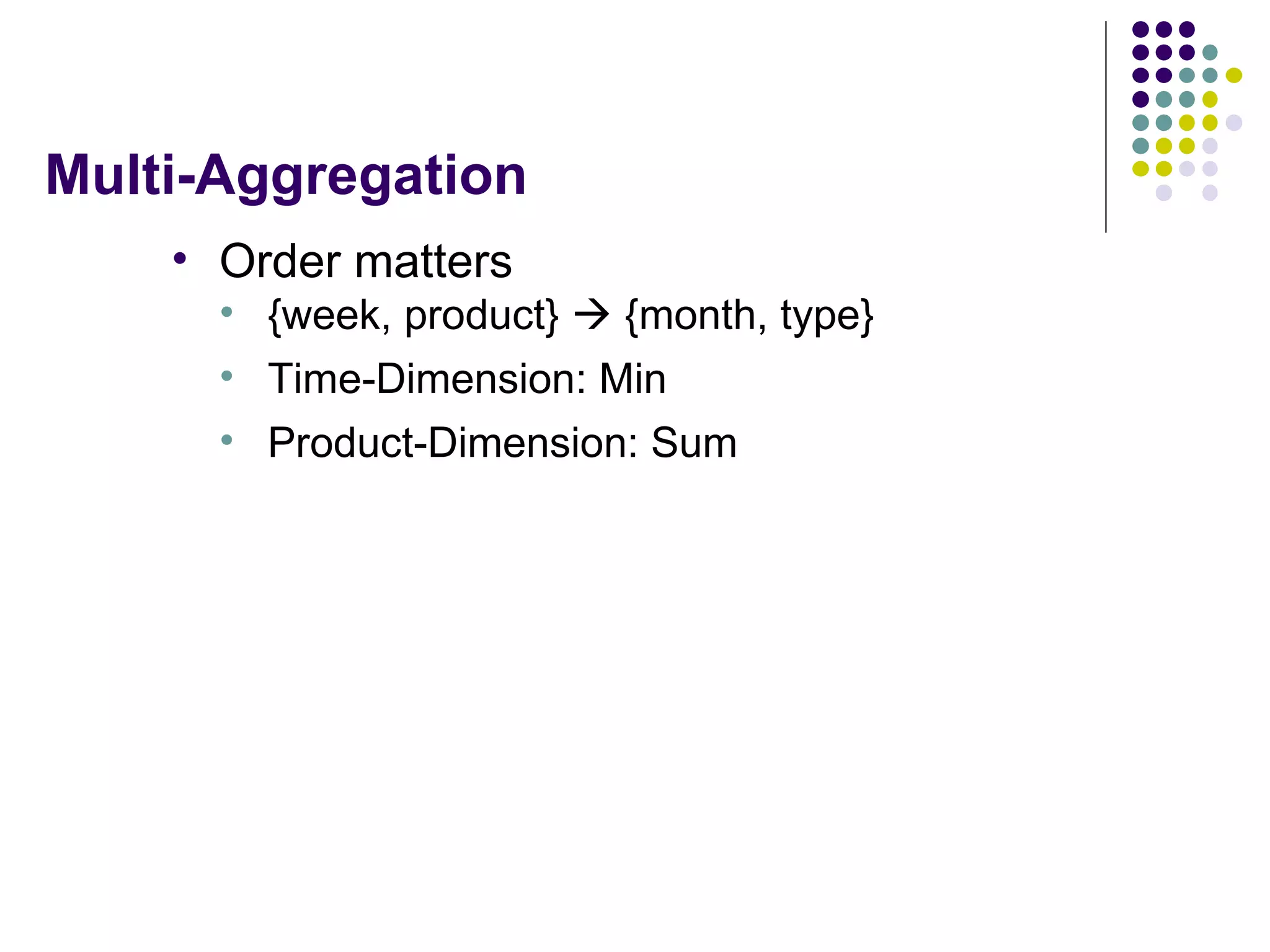 Multi-Aggregation Order matters {week, product}    {month, type} Time-Dimension: Min Product-Dimension: Sum 