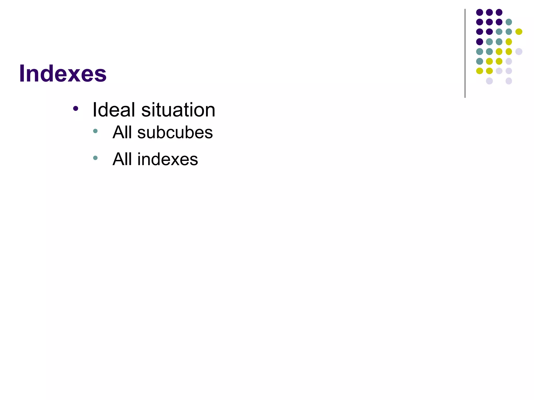 Indexes Ideal situation All subcubes All indexes 