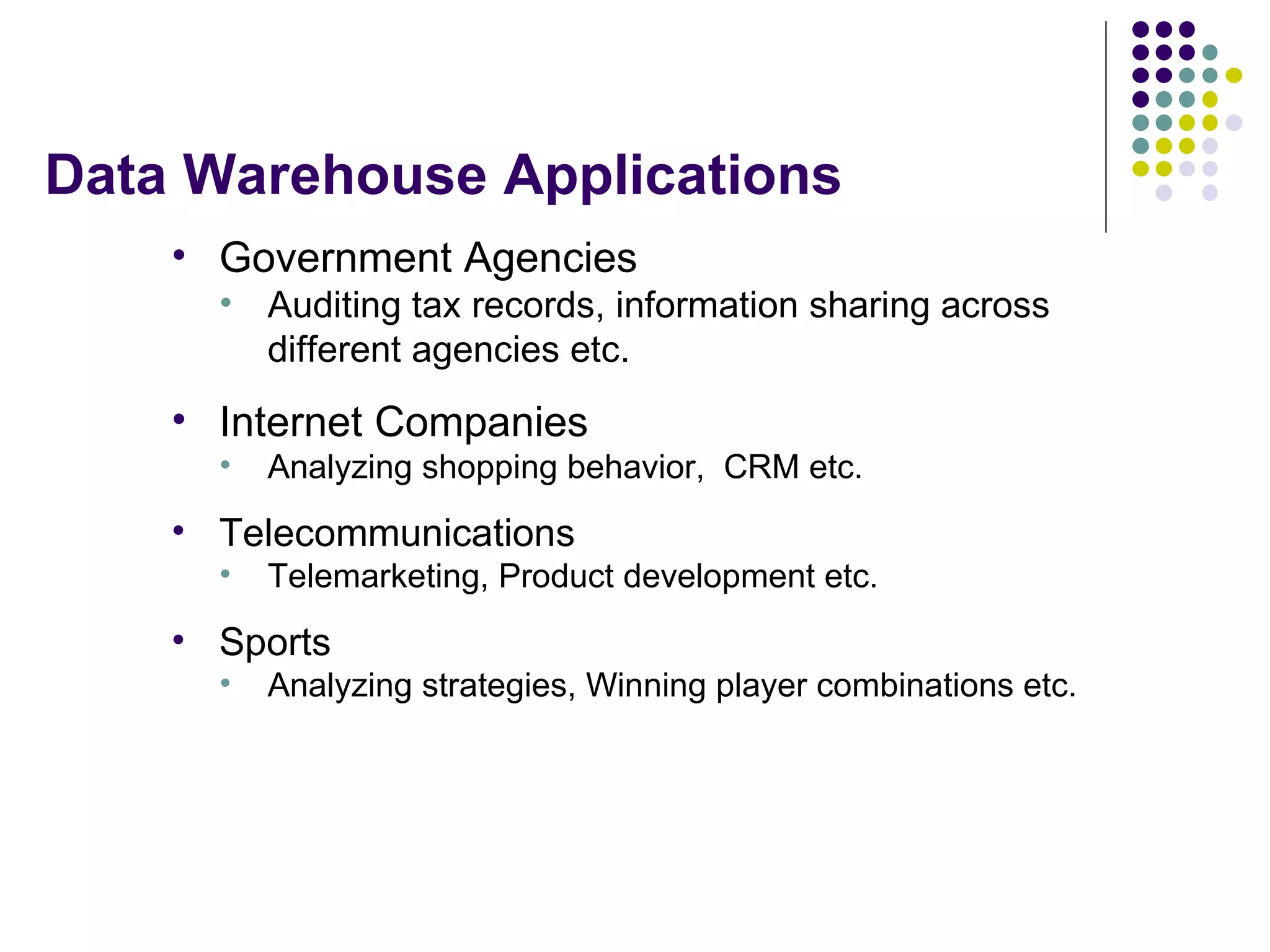 Data Warehouse Applications Government Agencies Auditing tax records, information sharing across different agencies etc. Internet Companies Analyzing shopping behavior,  CRM etc. Telecommunications Telemarketing, Product development etc. Sports Analyzing strategies, Winning player combinations etc. 