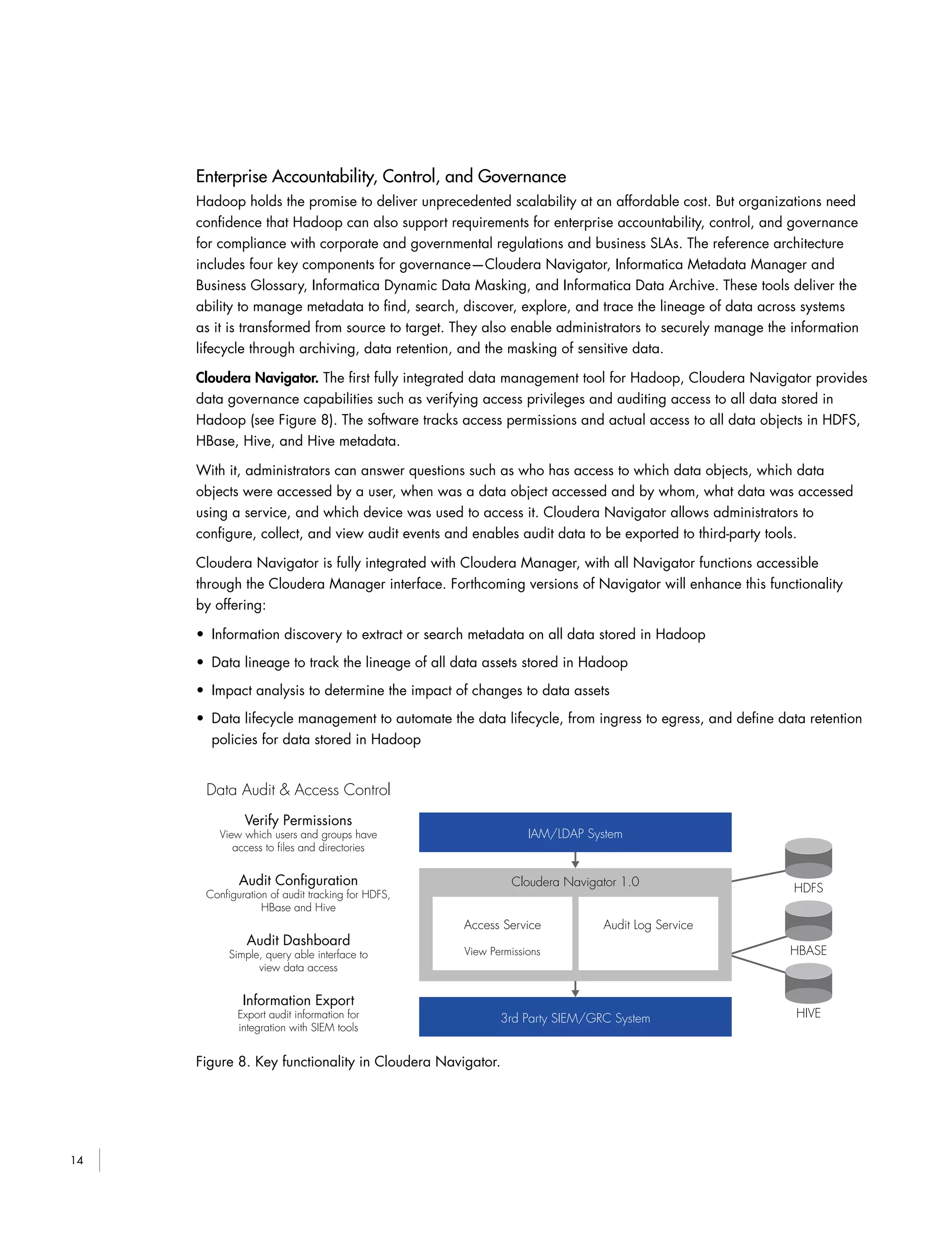 14
Enterprise Accountability, Control, and Governance
Hadoop holds the promise to deliver unprecedented scalability at an affordable cost. But organizations need
confidence that Hadoop can also support requirements for enterprise accountability, control, and governance
for compliance with corporate and governmental regulations and business SLAs. The reference architecture
includes four key components for governance—Cloudera Navigator, Informatica Metadata Manager and
Business Glossary, Informatica Dynamic Data Masking, and Informatica Data Archive. These tools deliver the
ability to manage metadata to find, search, discover, explore, and trace the lineage of data across systems
as it is transformed from source to target. They also enable administrators to securely manage the information
lifecycle through archiving, data retention, and the masking of sensitive data.
Cloudera Navigator. The first fully integrated data management tool for Hadoop, Cloudera Navigator provides
data governance capabilities such as verifying access privileges and auditing access to all data stored in
Hadoop (see Figure 8). The software tracks access permissions and actual access to all data objects in HDFS,
HBase, Hive, and Hive metadata.
With it, administrators can answer questions such as who has access to which data objects, which data
objects were accessed by a user, when was a data object accessed and by whom, what data was accessed
using a service, and which device was used to access it. Cloudera Navigator allows administrators to
configure, collect, and view audit events and enables audit data to be exported to third-party tools.
Cloudera Navigator is fully integrated with Cloudera Manager, with all Navigator functions accessible
through the Cloudera Manager interface. Forthcoming versions of Navigator will enhance this functionality
by offering:
• Information discovery to extract or search metadata on all data stored in Hadoop
• Data lineage to track the lineage of all data assets stored in Hadoop
• Impact analysis to determine the impact of changes to data assets
• Data lifecycle management to automate the data lifecycle, from ingress to egress, and define data retention
policies for data stored in Hadoop
Data Audit & Access Control
Verify Permissions
View which users and groups have
access to ﬁles and directories
Audit Conﬁguration
Conﬁguration of audit tracking for HDFS,
HBase and Hive
Audit Dashboard
Simple, query able interface to
view data access
Information Export
Export audit information for
integration with SIEM tools
IAM/LDAP System
Cloudera Navigator 1.0
3rd Party SIEM/GRC System
Access Service
View Permissions
Audit Log Service
HDFS
HBASE
HIVE
Figure 8. Key functionality in Cloudera Navigator.
 