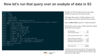 Now let’s run that query over an exabyte of data in S3
Roughly 140 TB of customer item order detail
records for each day o...