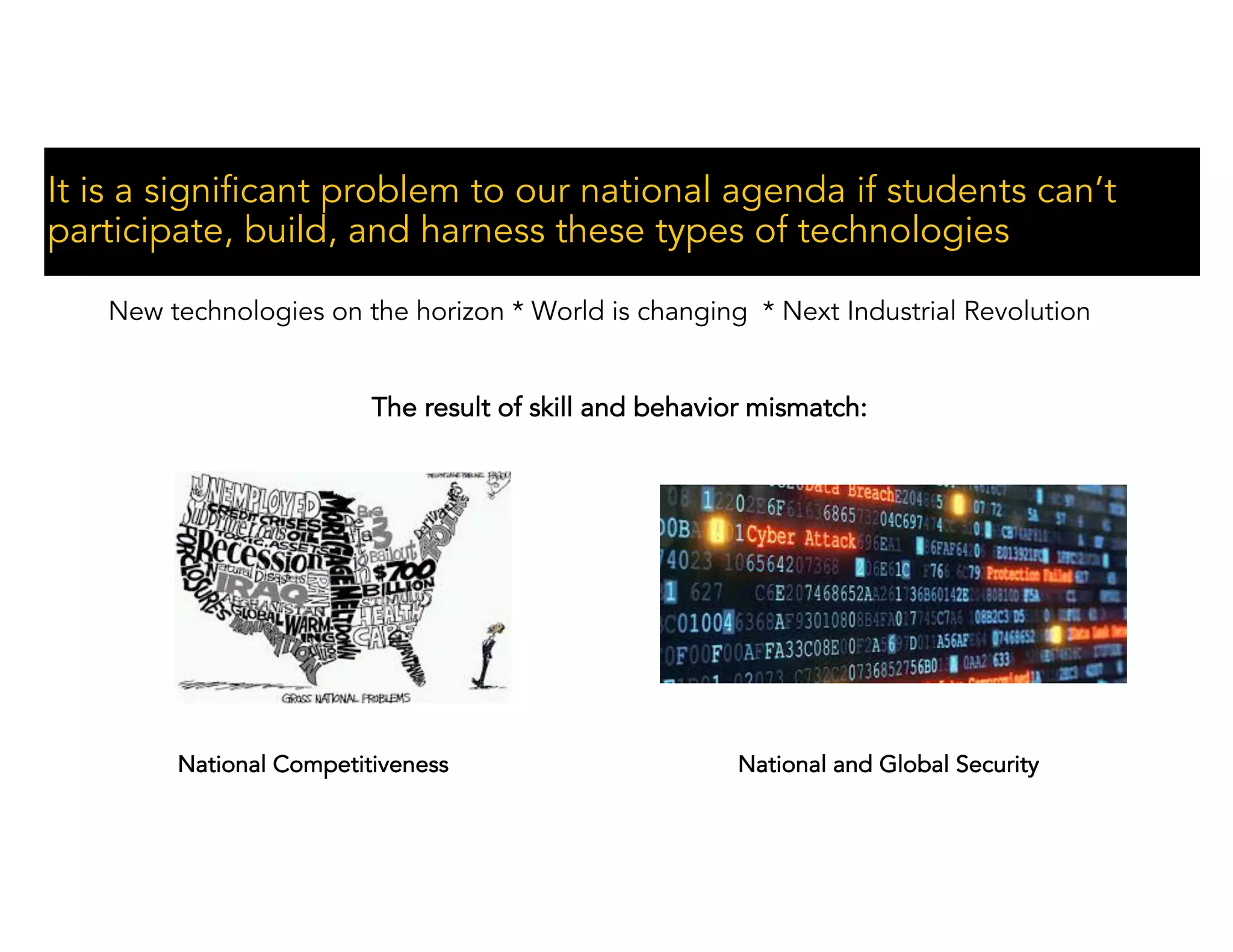 It is a significant problem to our national agenda if students can’t
participate, build, and harness these types of technologies
New technologies on the horizon * World is changing * Next Industrial Revolution
National and Global SecurityNational Competitiveness
The result of skill and behavior mismatch:
 