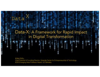 Ikhlaq Sidhu
Chief Scientist & Founding Director, Sutardja Center for Entrepreneurship & Technology
IEOR Emerging Area Professor Award, UC Berkeley
About Me:
Data-X: A Framework for Rapid Impact
in Digital Transformation
Data X
 