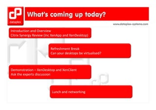 www.dataplex-systems.com

Introduction and Overview
I t d ti        dO      i
Citrix Synergy Review (Inc XenApp and XenDesktop)


                         Refreshment Break
                         Can your desktops be virtualised?



Demonstration – XenDesktop and XenClient
Ask the experts discussion



                          Lunch and networking
                          Lunch and networking
 
