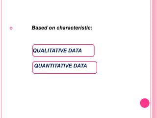  Based on characteristic:
QUALITATIVE DATA
QUANTITATIVE DATA
 