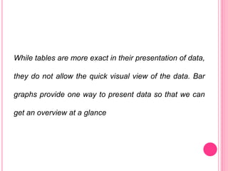 While tables are more exact in their presentation of data,
they do not allow the quick visual view of the data. Bar
graphs provide one way to present data so that we can
get an overview at a glance
 