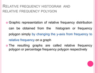 RELATIVE FREQUENCY HISTOGRAM AND
RELATIVE FREQUENCY POLYGON
 Graphic representation of relative frequency distribution
can be obtained from the histogram or frequency
polygon simply by changing the y-axis from frequency to
relative frequency on a graph
 The resulting graphs are called relative frequency
polygon or percentage frequency polygon respectively
 
