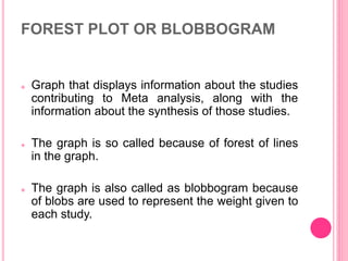 FOREST PLOT OR BLOBBOGRAM
 Graph that displays information about the studies
contributing to Meta analysis, along with the
information about the synthesis of those studies.
 The graph is so called because of forest of lines
in the graph.
 The graph is also called as blobbogram because
of blobs are used to represent the weight given to
each study.
 