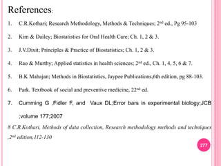 277
References:
1. C.R.Kothari; Research Methodology, Methods & Techniques; 2nd ed., Pg 95-103
2. Kim & Dailey; Biostatistics for Oral Health Care; Ch. 1, 2 & 3.
3. J.V.Dixit; Principles & Practice of Biostatistics; Ch. 1, 2 & 3.
4. Rao & Murthy; Applied statistics in health sciences; 2nd ed., Ch. 1, 4, 5, 6 & 7.
5. B.K Mahajan; Methods in Biostatistics, Jaypee Publications,6th edition, pg 88-103.
6. Park. Textbook of social and preventive medicine, 22nd ed.
7. Cumming G ,Fidler F, and Vaux DL;Error bars in experimental biology;JCB
;volume 177;2007
8 C.R.Kothari, Methods of data collection, Research methodology methods and techniques
,2nd edition,112-130
 